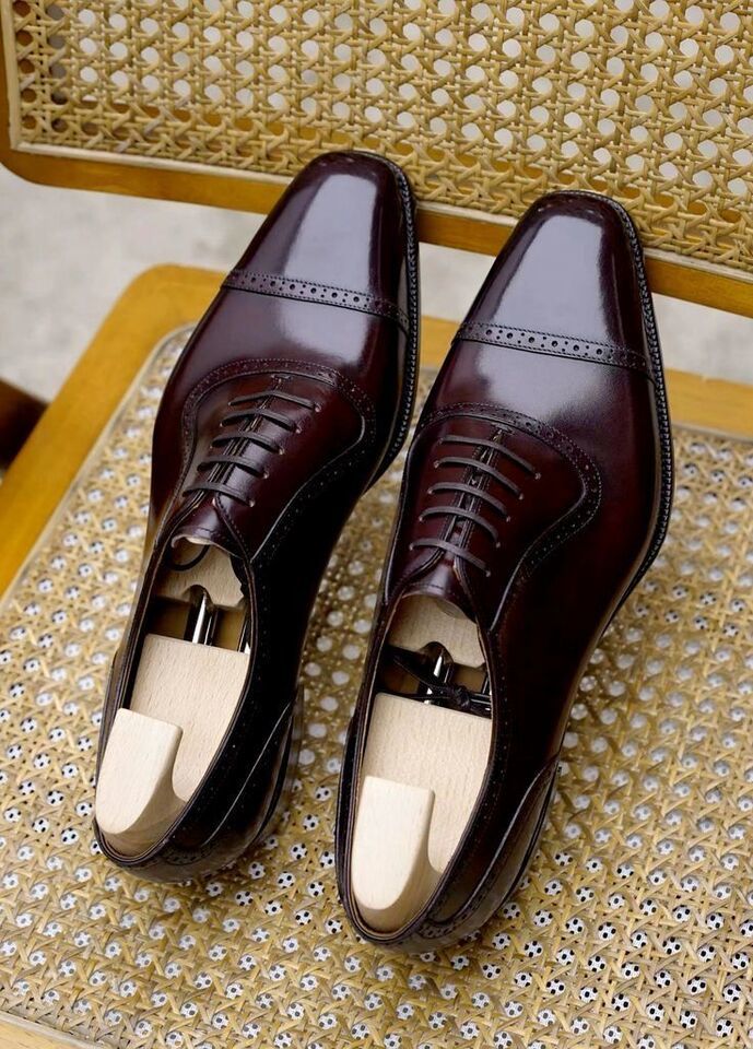 Handmade Men's Brown Leather Oxford Narrow Cap Toe Dress Formal Shoes