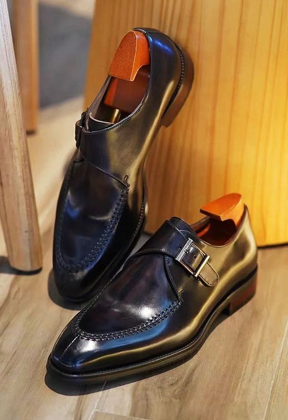 Handmade Men Genuine Black Leather Chisel Toe Single Monk Dress Formal Shoes