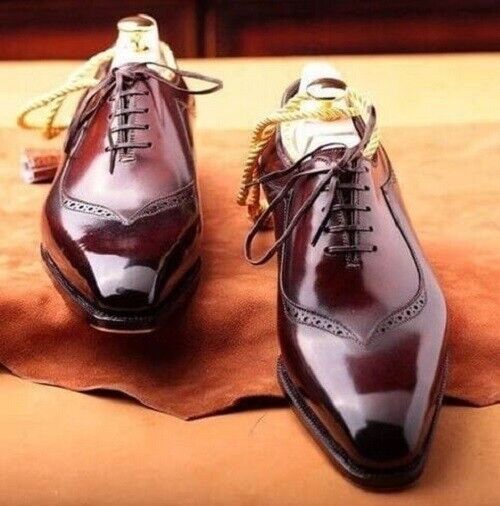 Handmade Men's Burgundy Leather Oxford Chiseled Toe Lace Up Dress Formal Shoes