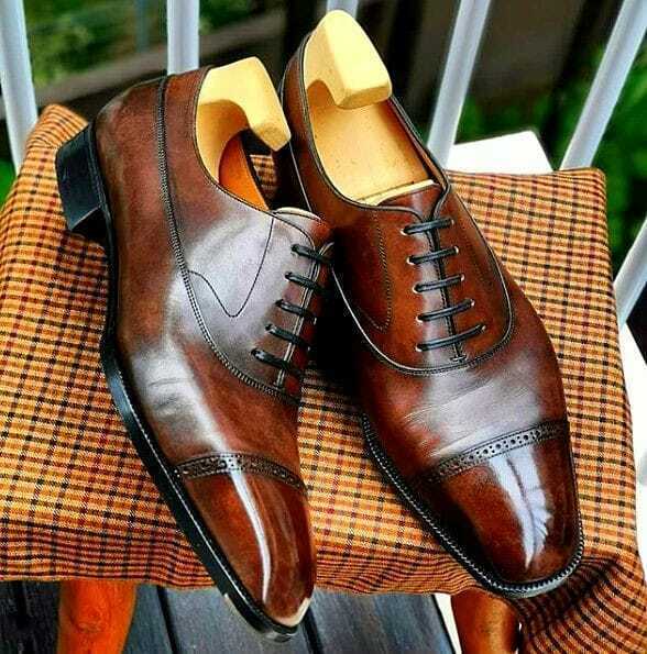 Handmade Men's Brown Leather Oxford Chiseled Cap Toe Dress Formal Shoes