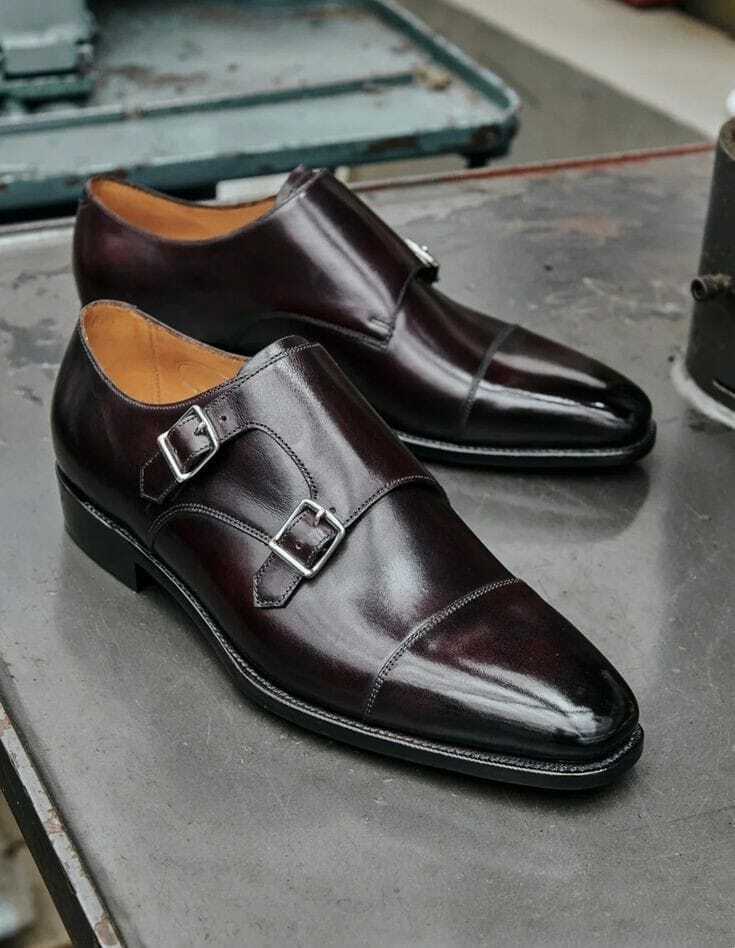 Handmade Men's Dark Brown Leather Cap Toe Double Monk Dress Formal Shoes