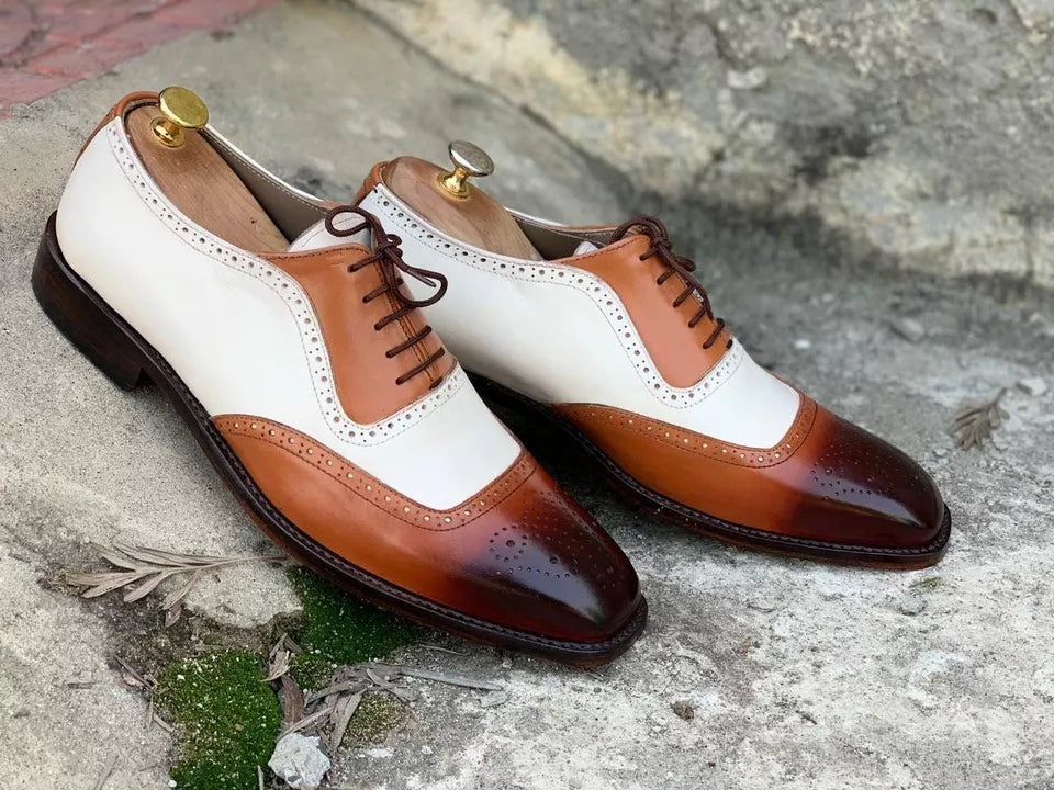 Handmade Men's Brown White Cowhide Leather Oxford Lace Up Dress Formal Shoes