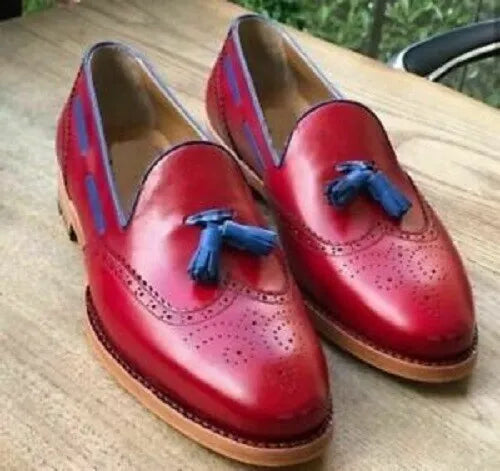 Handmade Men's Slip On Tasseled Formal Moccasins Red Leather Loafers Shoes