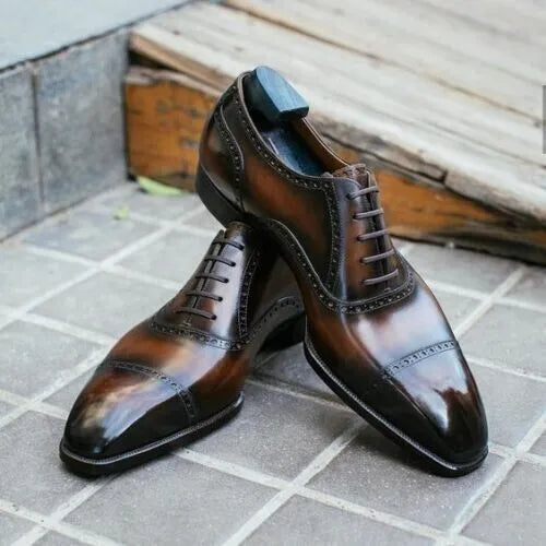 Handmade Men's Brown Real Leather Lace up Cap Toe Oxford Dress Formal Shoes