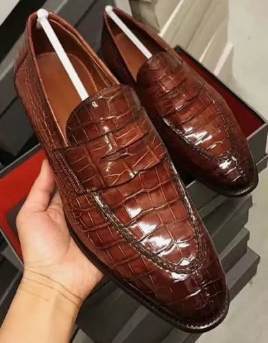 Handmade men brown crocodile moccasin, leather dress loafer shoes men, formal