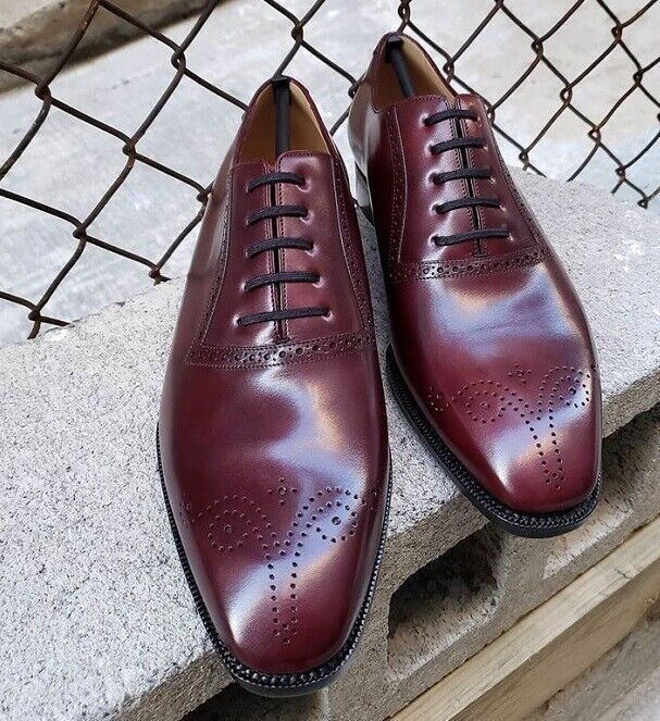 Handmade Men Burgundy Heart Medallion Dress Formal Lace Up Oxford Leather Shoes