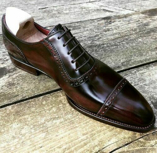 Handmade Men's Genuine Brown Leather Oxford Cap Toe Lace up Dress Formal Shoes