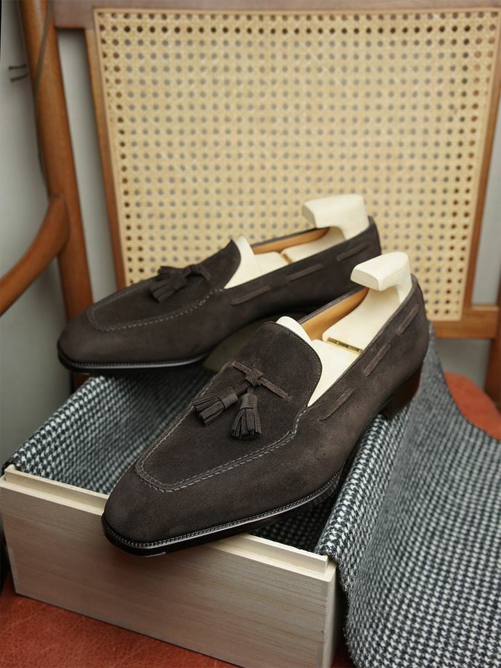 Handmade Men Brown Suede Leather Moccasin Shoes, Men Suede Loafer Shoes