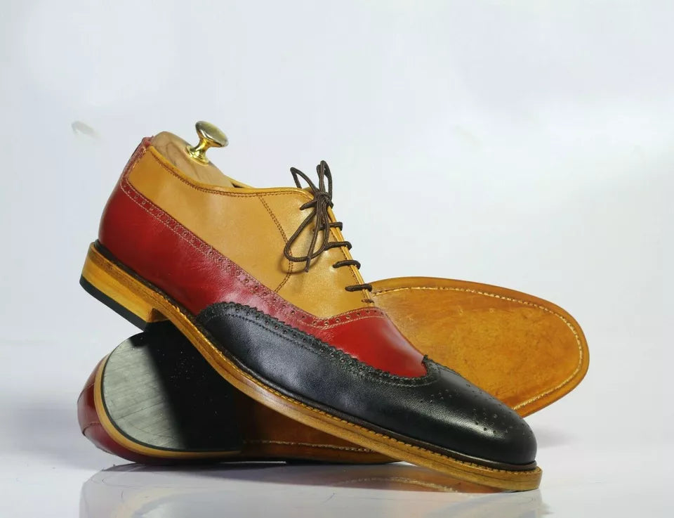 Men’s Handmade Multi Color Wing Tip Brogue Leather Shoes, Men Lace Up Dress Shoe