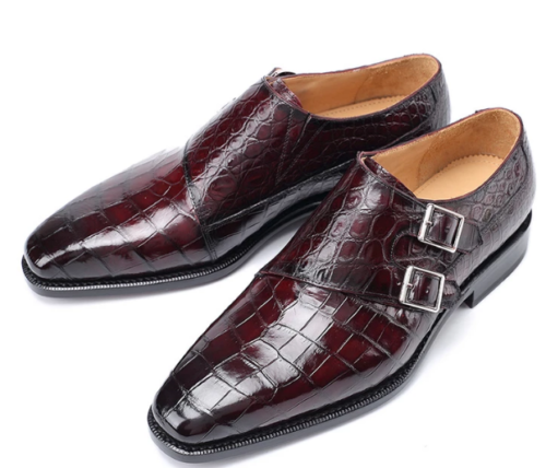 Handmade Men's Double monk Crocodile Embossed Dress shoes, Men formal shoes