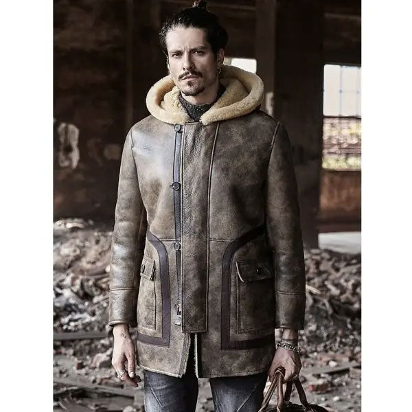 Sheepskin Coat Long Leather Jacket Hooded Fur Coat Thick Mens Winter Coats