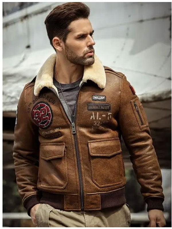 Mens B3 Flying Leather Coat Embroidered Bomber Jacket