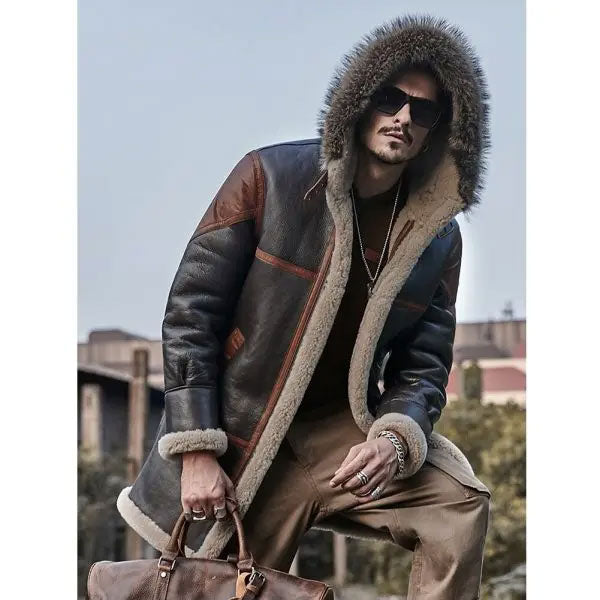 Men's Hooded Bomber Shearling Leather Jacket Trench Coat