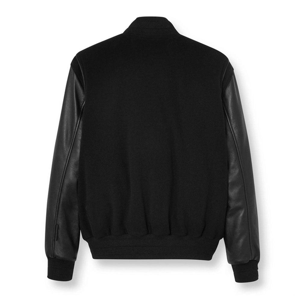 Men's Stylish Black Varsity Bomber Jacket with Leather and Wool Blend