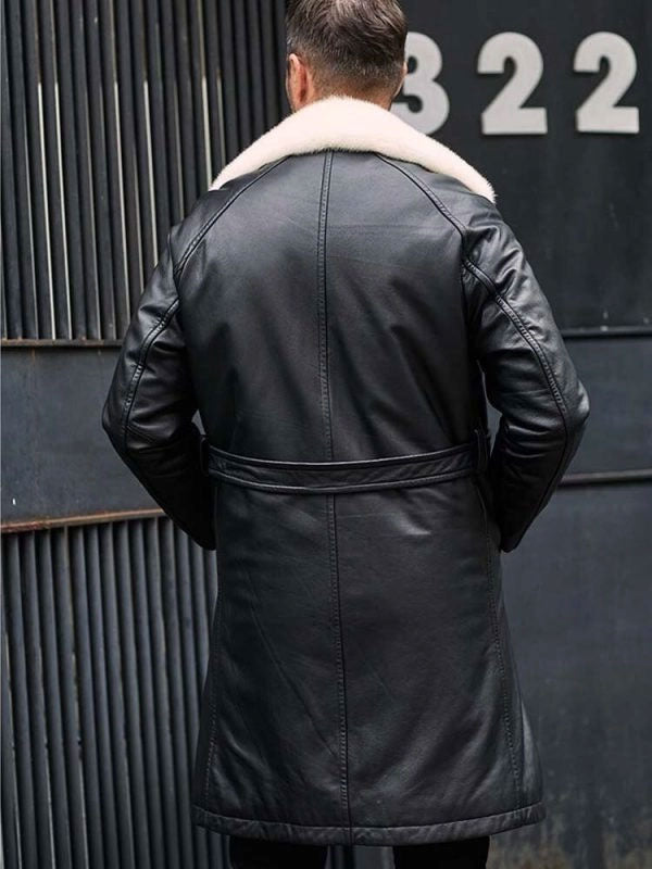 Men's Winter Shearling Fur Black Leather Long Trench Coat Outerwear