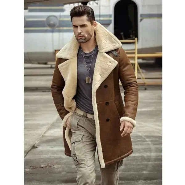 Slim Fit Sheepskin Shearling Aviator Trench Coat for Men