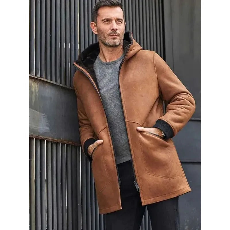 Men's Brown Hooded Sheepskin Shearling Winter Coat