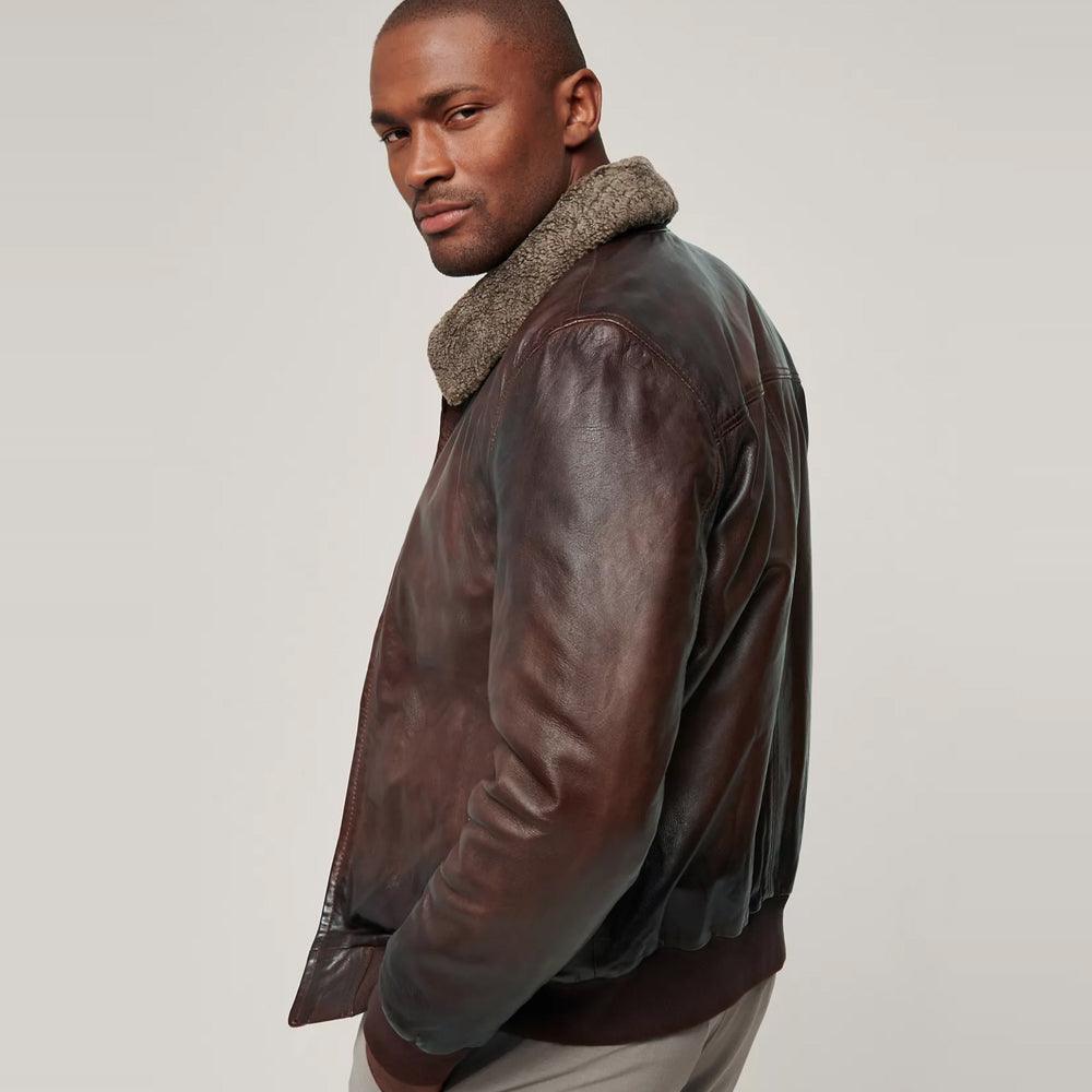 Stylish Brown Waxed Sheepskin Aviator Bomber Jacket for Men