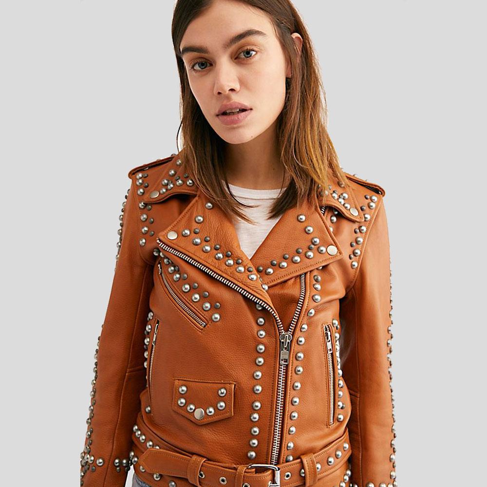 Avail Tan Studded Leather Jacket