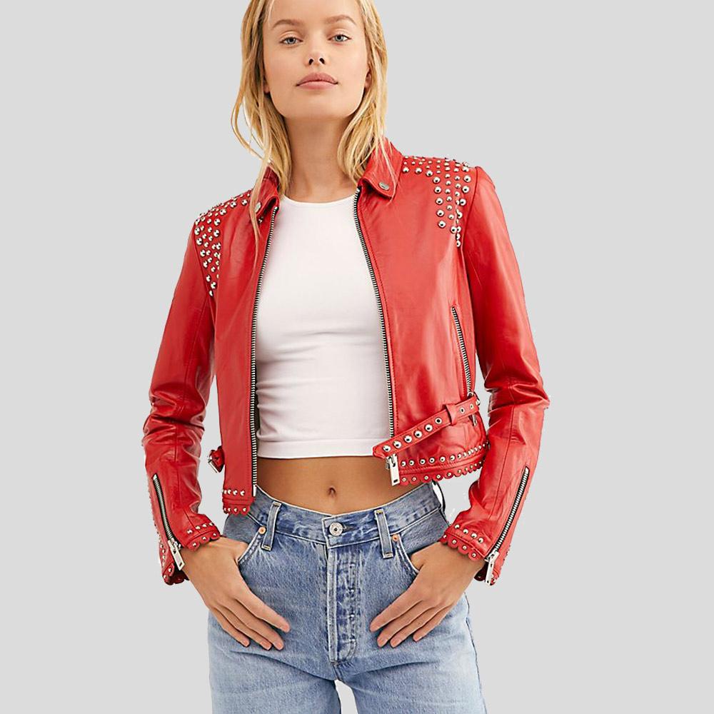 Isabel Red Studded Leather Jacket