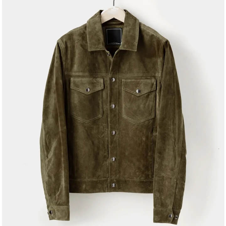 Men's Olive Suede Leather Shirt - Jeans Style