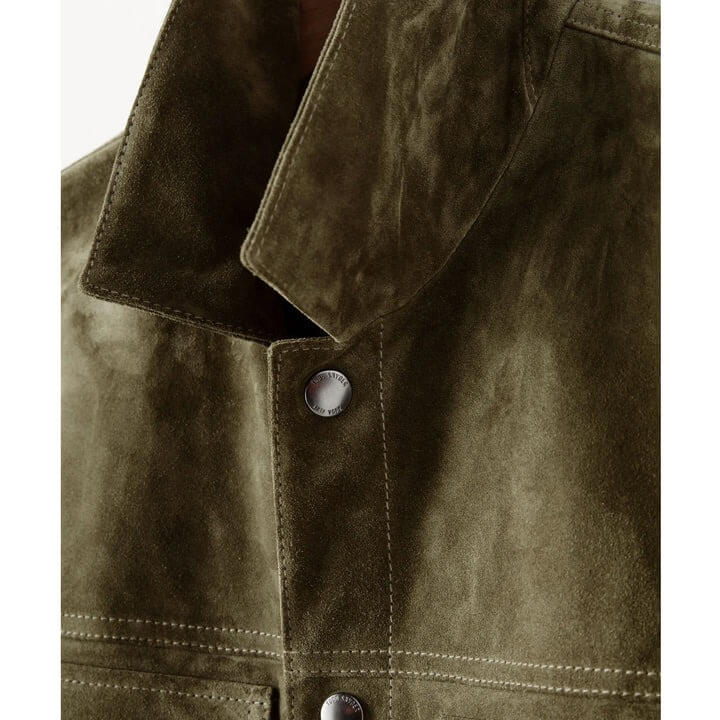 Men's Olive Suede Leather Shirt - Jeans Style