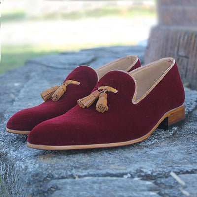 Tassel Loafer Slip On Maroon Suede Leather Handmade Tan Sole Men's Party Shoes