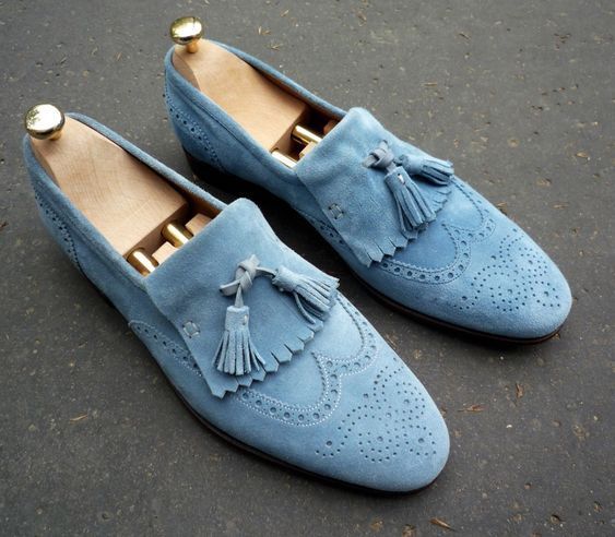 Tassel Loafer Slips On Blue Suede Wingtip Brogue Flap Fringe Men Fashion Shoes