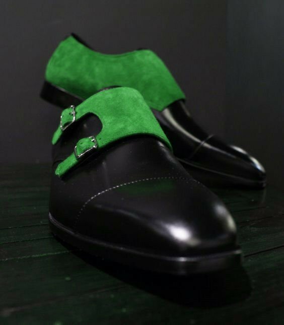 Two Tone Double Monk Strap Black Derby Cap Toe Green Suede Leather Shoes