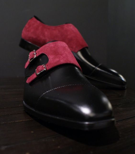 Two Tone Monk Double Buckle Maroon Suede Black Derby Cap Toe Real Leather Shoes