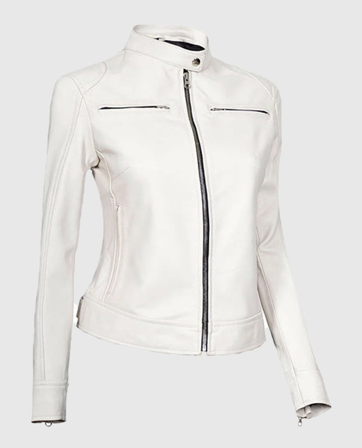 Women's White Leather Cafe Racer Jacket