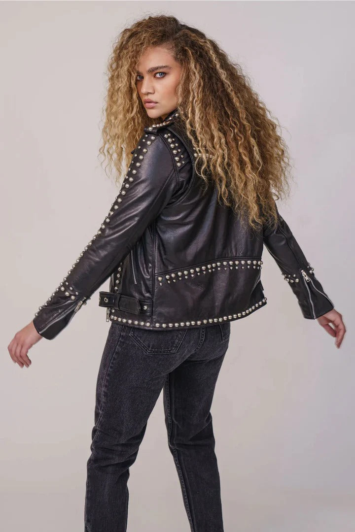 Women's Black Leather Biker Jacket with Silver Spiked Studs