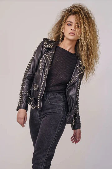 Women's Black Leather Biker Jacket with Silver Spiked Studs