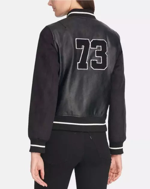 Women's Black Media Letterman Varsity Bomber Jacket