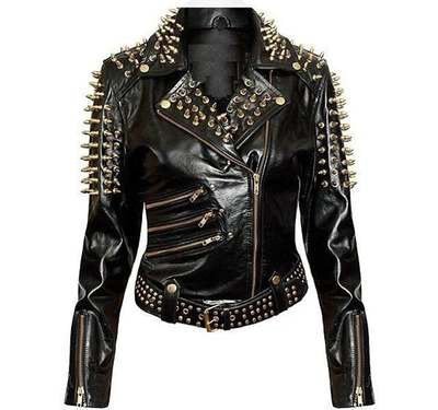 Women’s Plain Black Studded Leather Jacket with Spikes, Belt, and Zipper