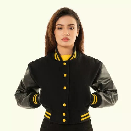 Women's Black Wool & Leather Cropped Baseball Moto Varsity Jacket