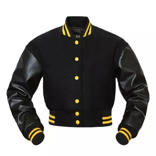 Women's Black Wool & Leather Cropped Baseball Moto Varsity Jacket