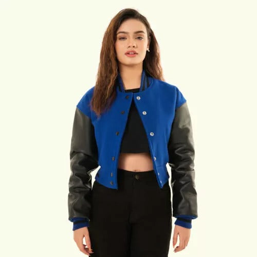 Women's Blue Wool & Black Leather Cropped Baseball Biker Moto Varsity Jacket