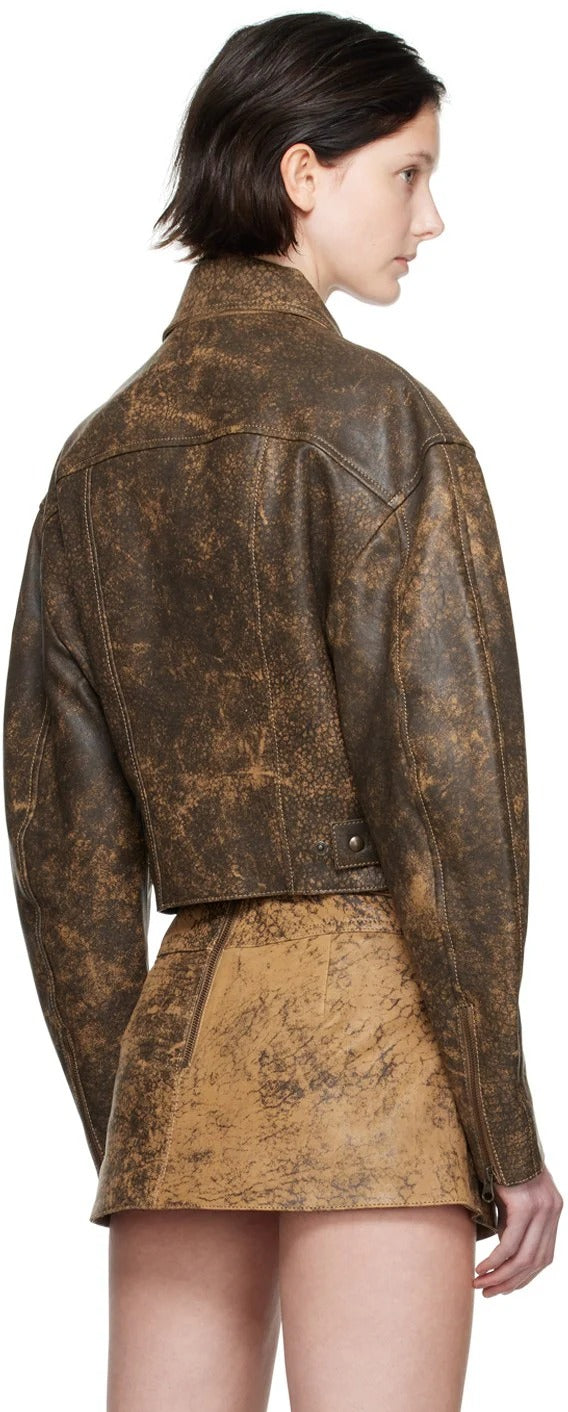 Women’s Dark Brown Distressed Trucker Leather Jacket with Classic Fit