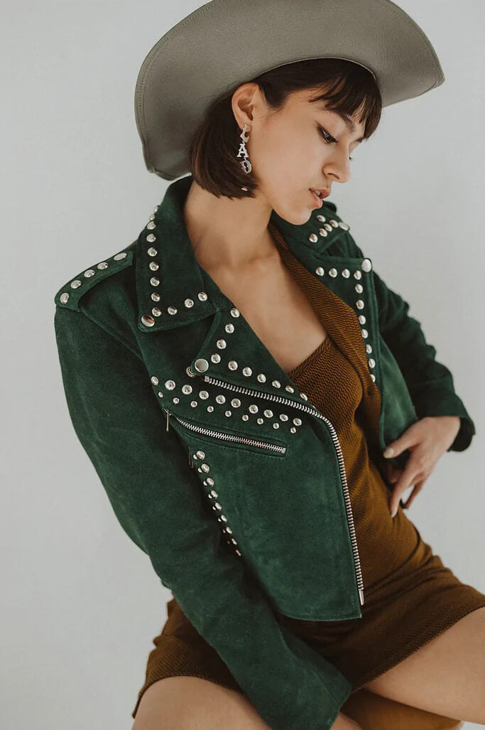 Women's Green Silver Studded Spiked Motorcycle Leather Jacket