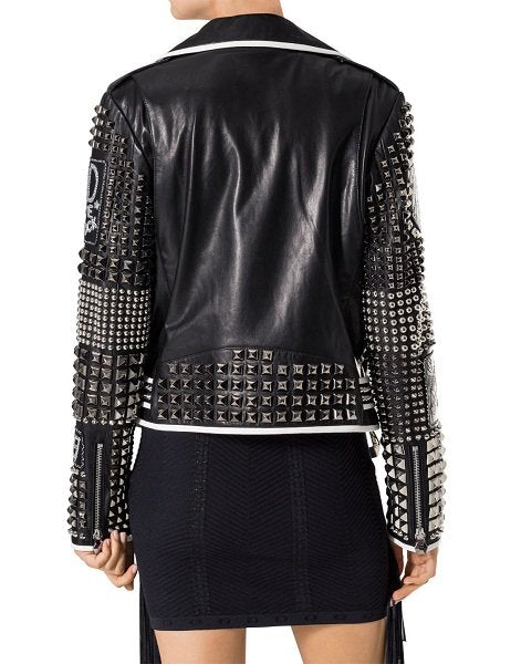 Women’s Philip Black Studded Leather Jacket with White Lining and Patches