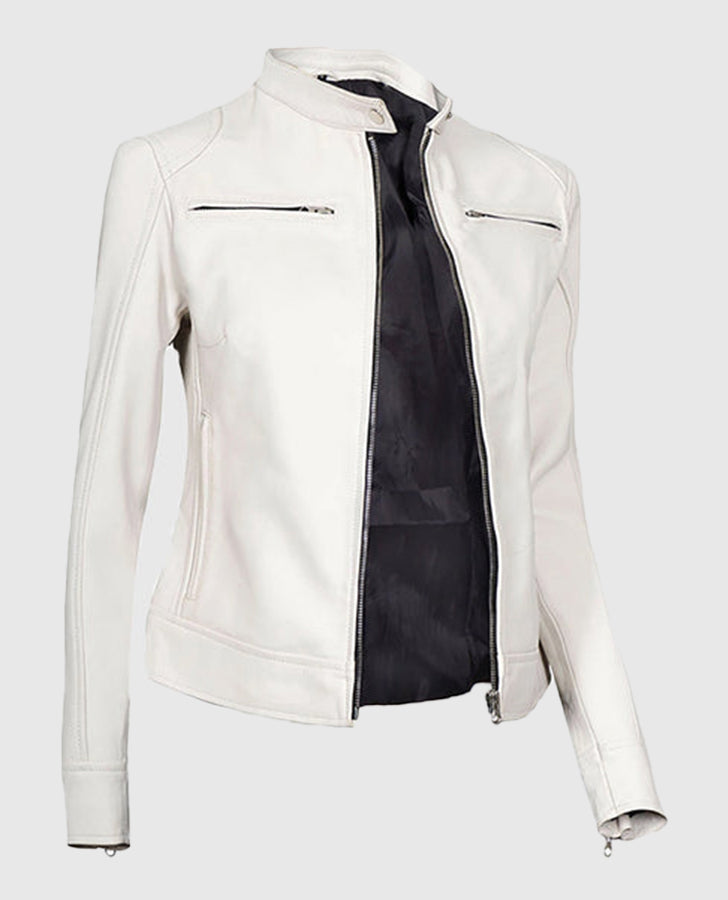 Women's White Leather Cafe Racer Jacket