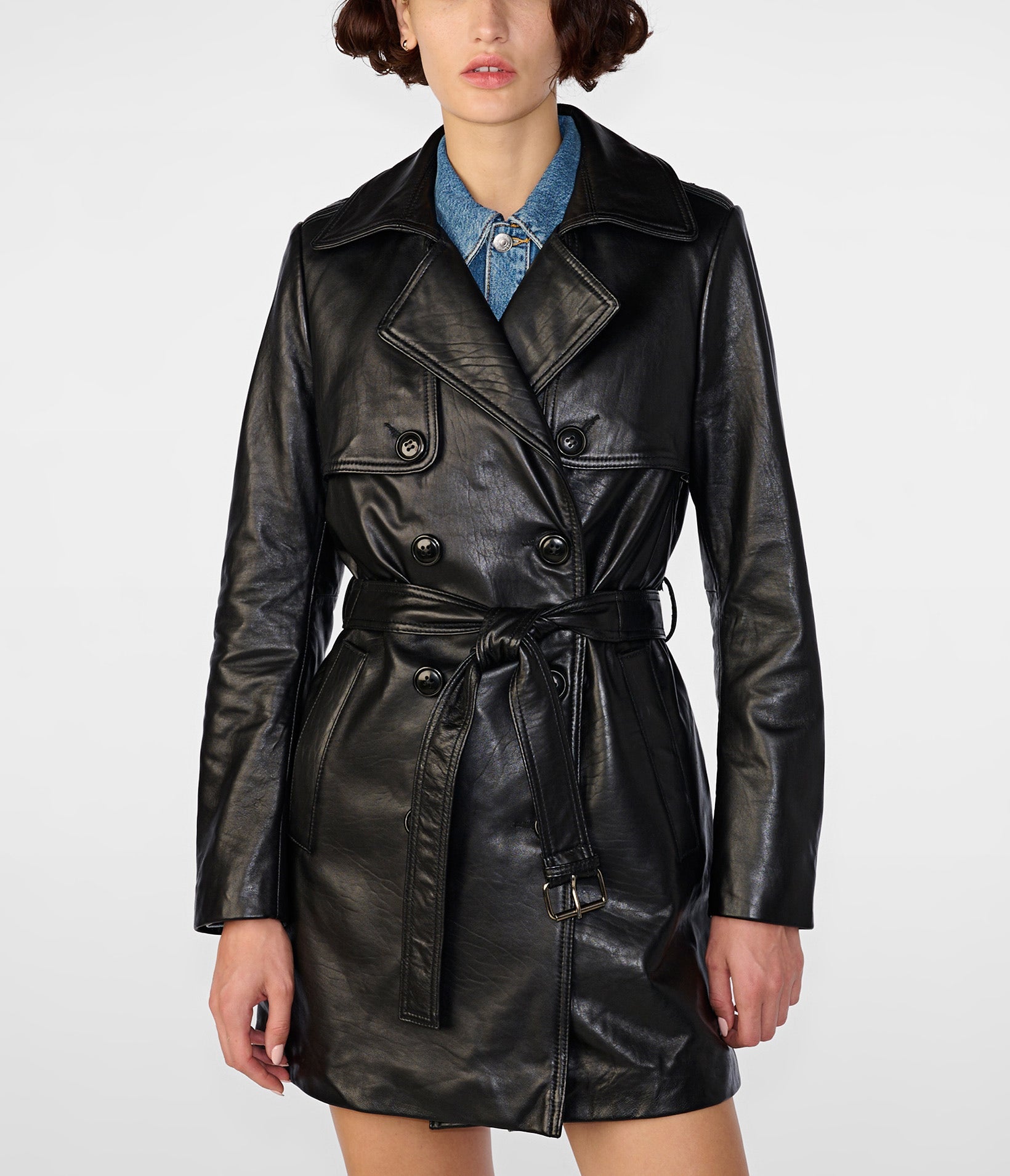 Luna Double Breasted Belted Leather Coat